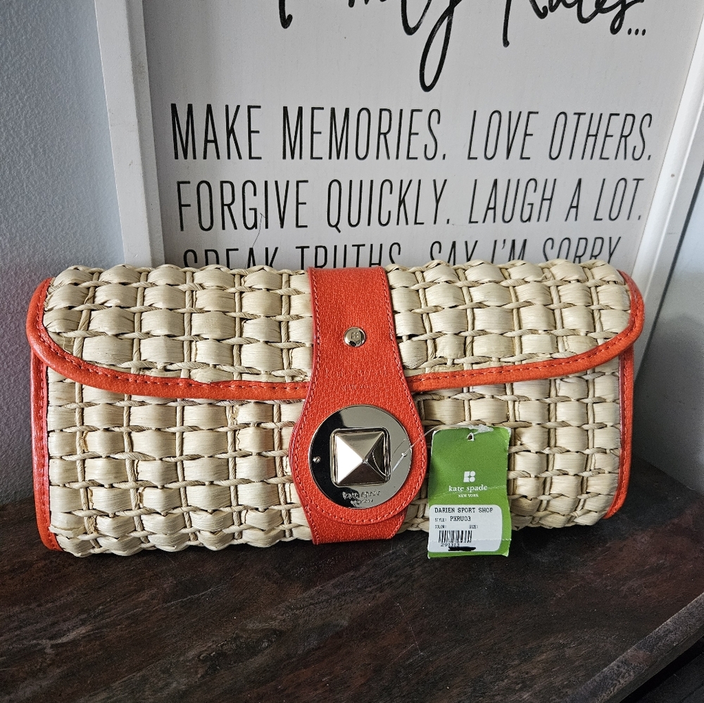 Kate Spade Ava Woven Straw Clutch with Orange Trim NWT